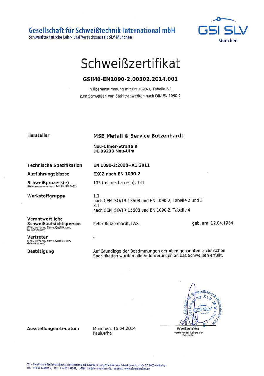 Schweißzertifikat zum Schweißen von Stahltragwerken nach DIN EN 1090-2